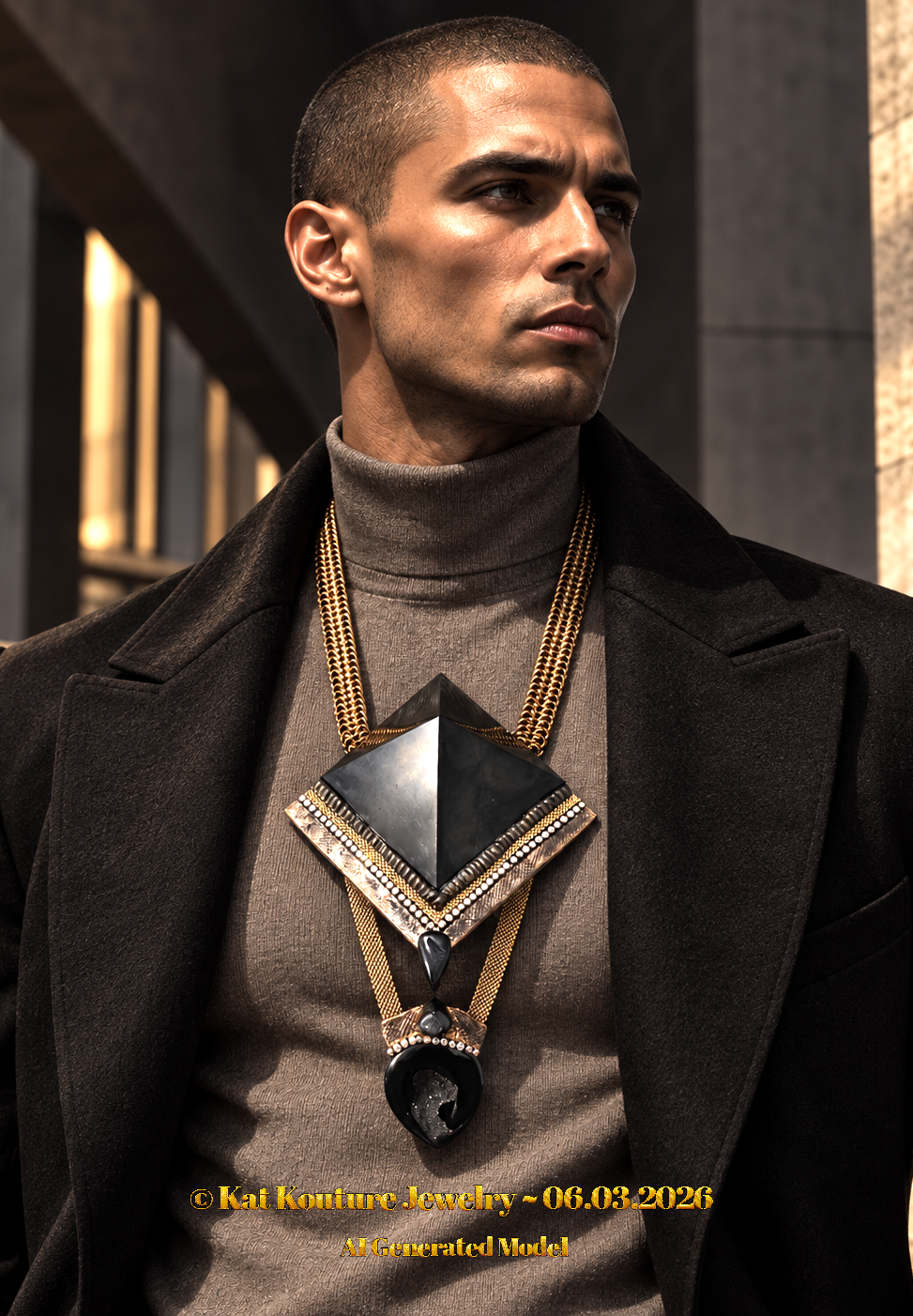 Mens Egyptian Revival Shungite Pyramid & Black Druzy Agate Chest Piece