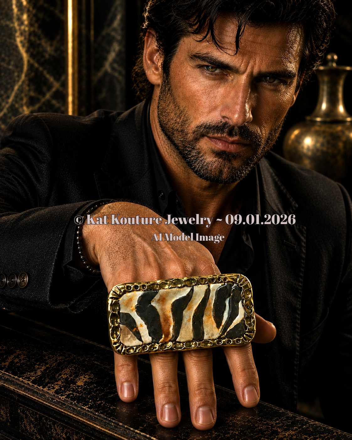 Sculpted & Caned Exotic Zebra Print Oversized Adjustable Unisex Ring