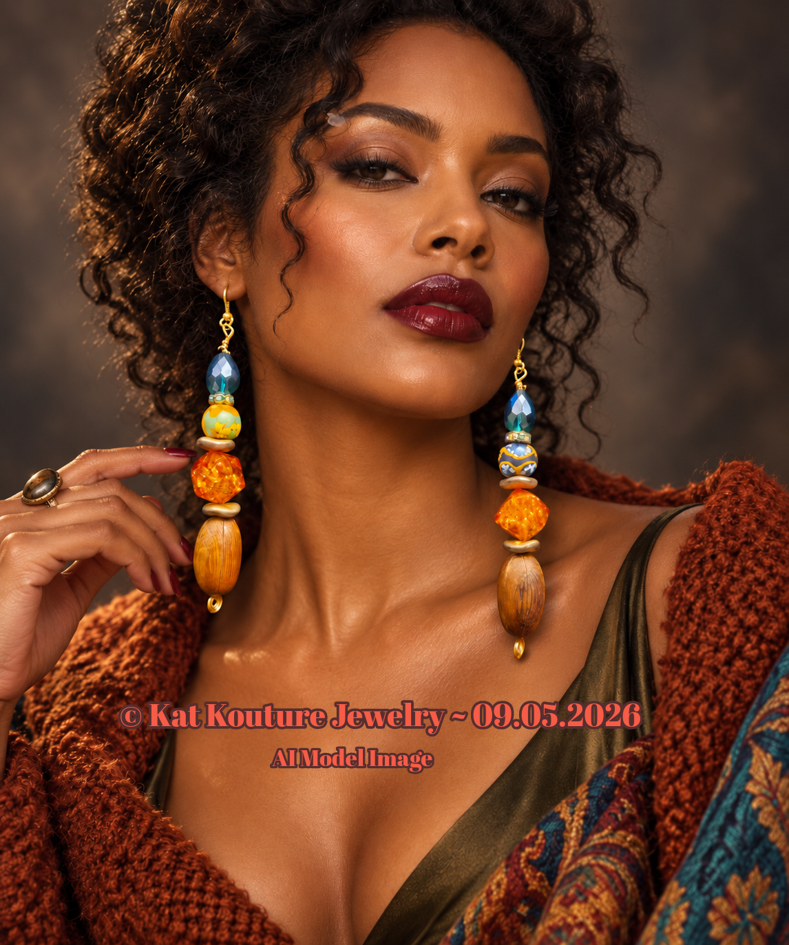 Brown Green & Orange Beaded Drop Pierced Statement Earrings - Fall