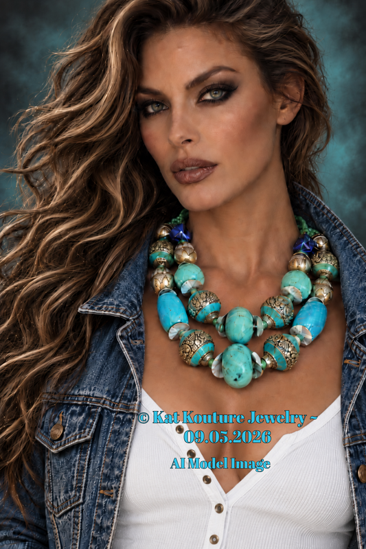 Turquoise Repousse & Magnesite Jumbo Beaded Statement Luxury Necklace,