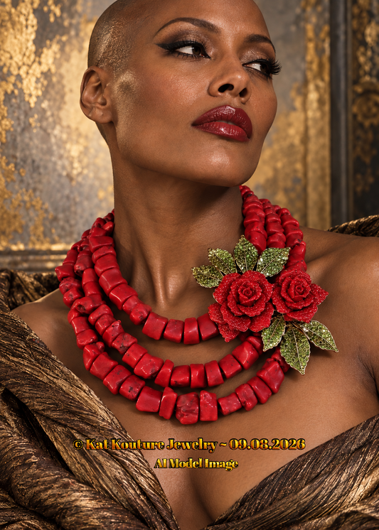 Red Coral Multi Strand Necklace - Detachable Crystal Rose