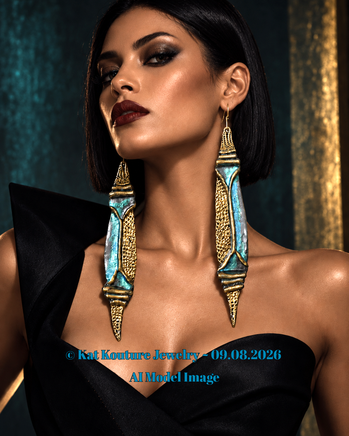 Faux Bronze Metal Sculpted Shoulder Duster Earrings - Turquoise Patina