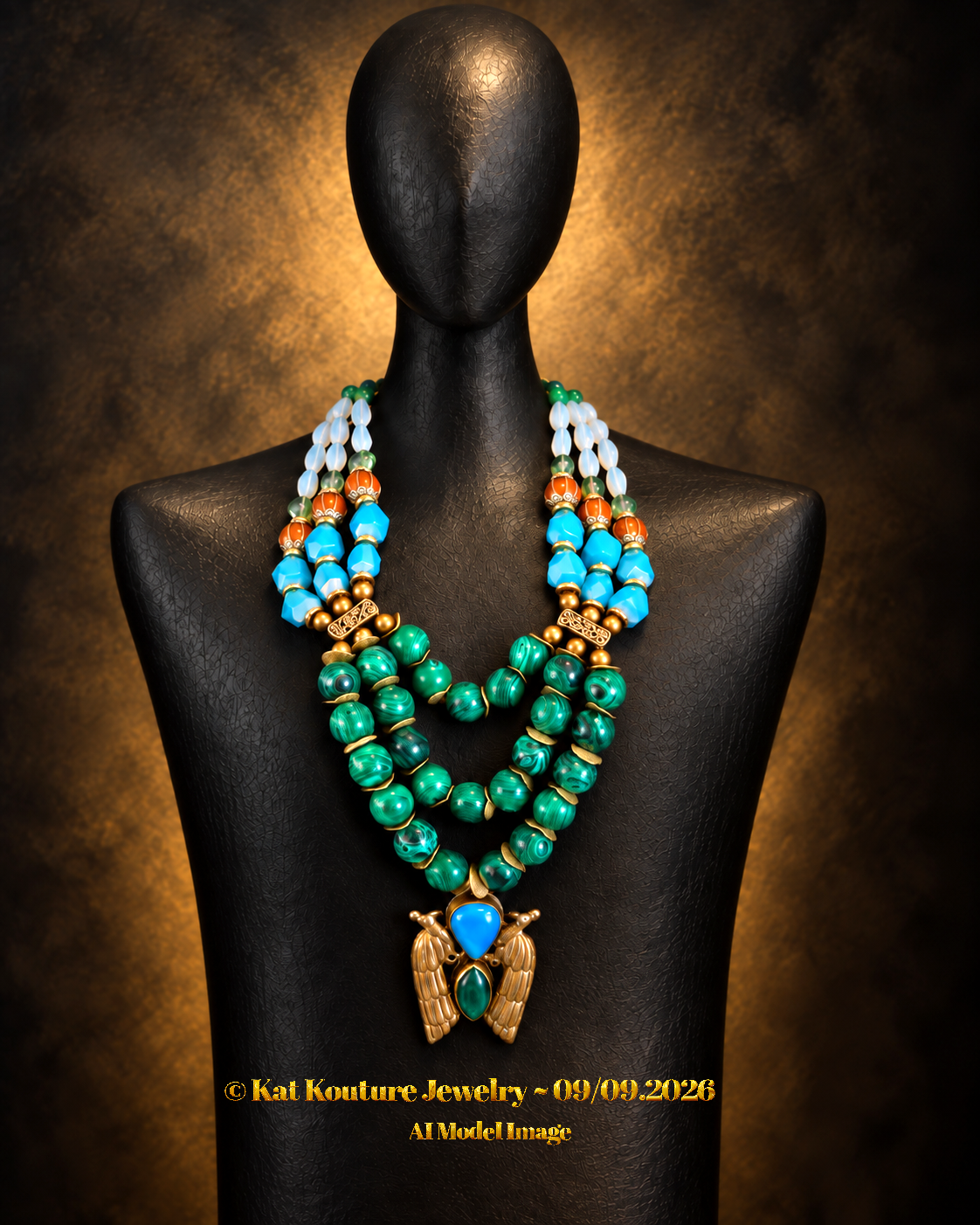 Double Peacock Repousse Beaded Chest Piece - High End