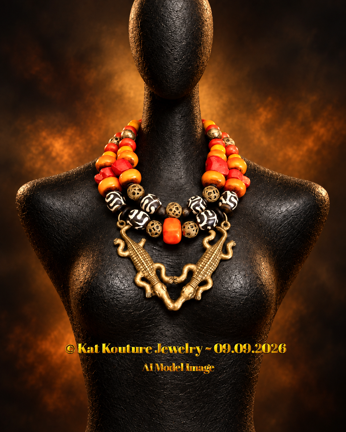 African Crocodile Pendant Unisex Necklace – Tribal Beads & Coral Fire