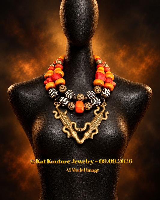 African Crocodile Pendant Unisex Necklace – Tribal Beads & Coral Fire