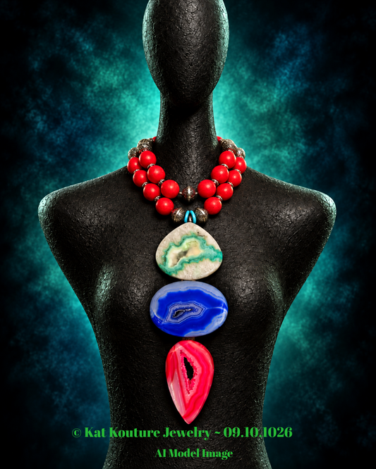 Agate Totem Statement Pendant - Magnesite Citrine 3 Strand Necklace