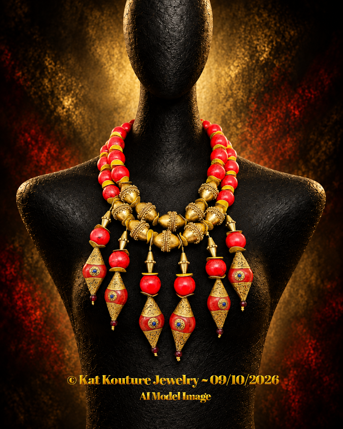 Red Magnesite & Brass Waterfall Necklace - Exotic & Sexy