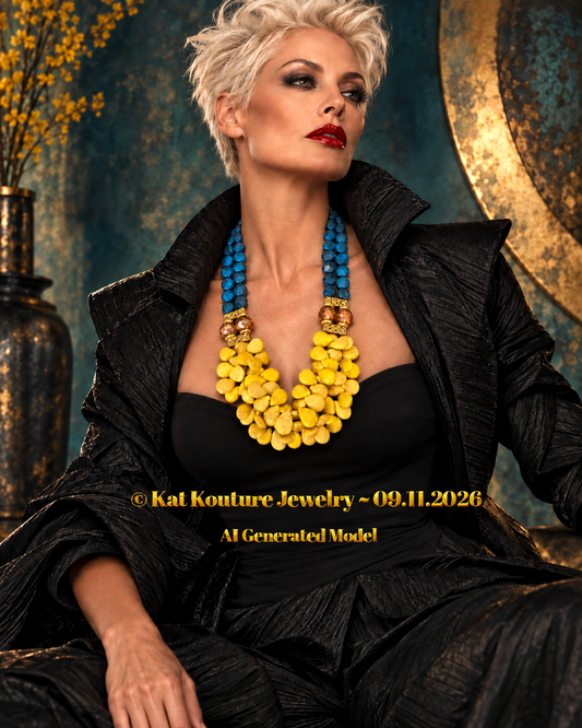 Bright Yellow Teardrop, Chrysocolla and Oversized Crystal Bib Necklace