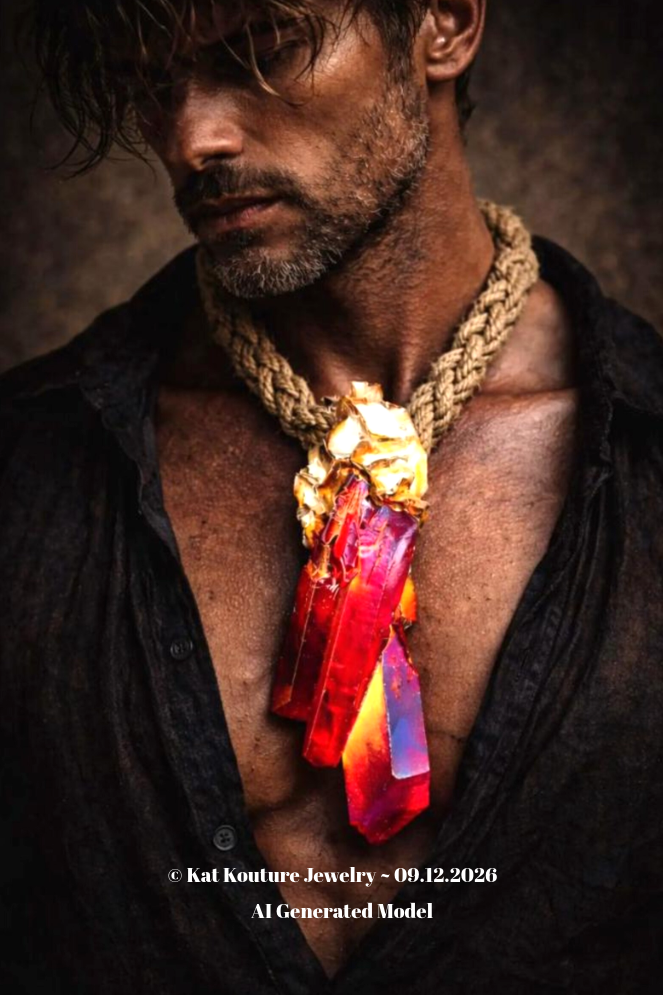 Red Aura Quartz Sculpted Gemstone Pendant & Braided Hemp Rope - Luxe