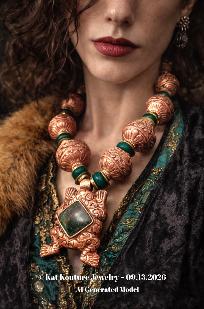 Tibetan Copper Repousse & Emerald  Beaded Statement Necklace - Frog