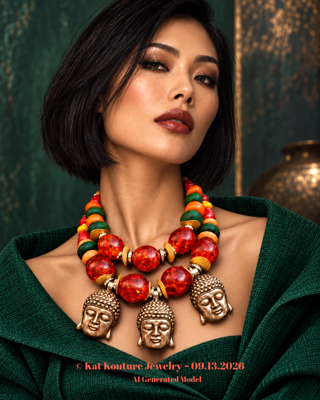 Oversized Faux Amber Beaded Ethnic Necklace with Buddha Heads - OOAK