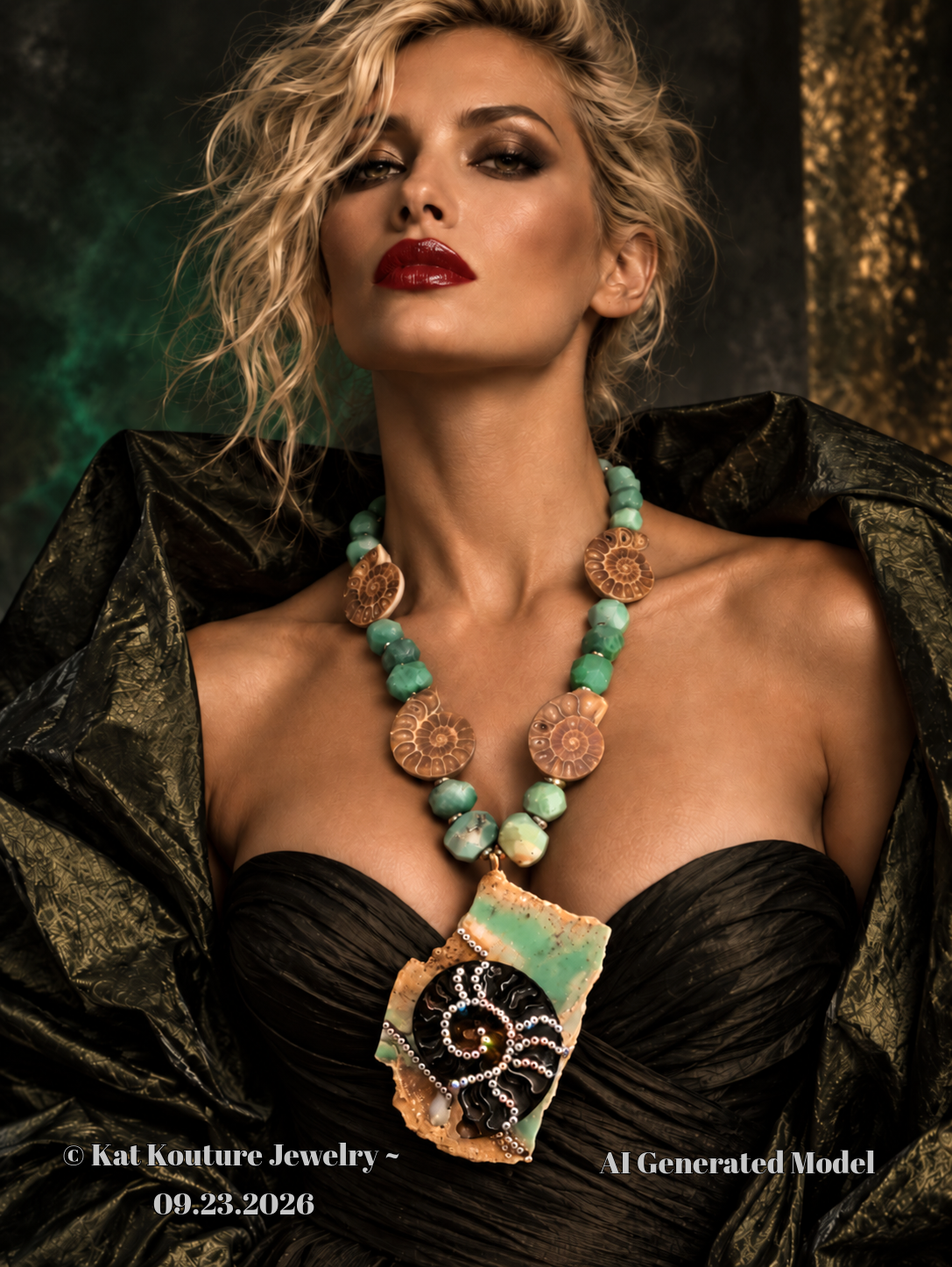 Chrysoprase Slab Ammonite Rhinestone Statement Pendant - Couture