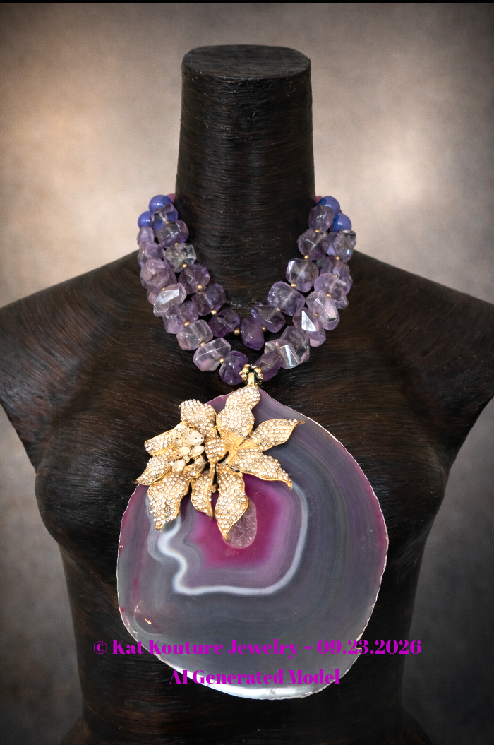 Huge Orchid Rhinestone Agate Pendant on a Faceted Amethyst Necklace