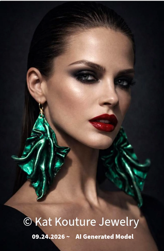 Metallic Emerald Green Sculpted Avant Garde Shoulder Duster Earrings