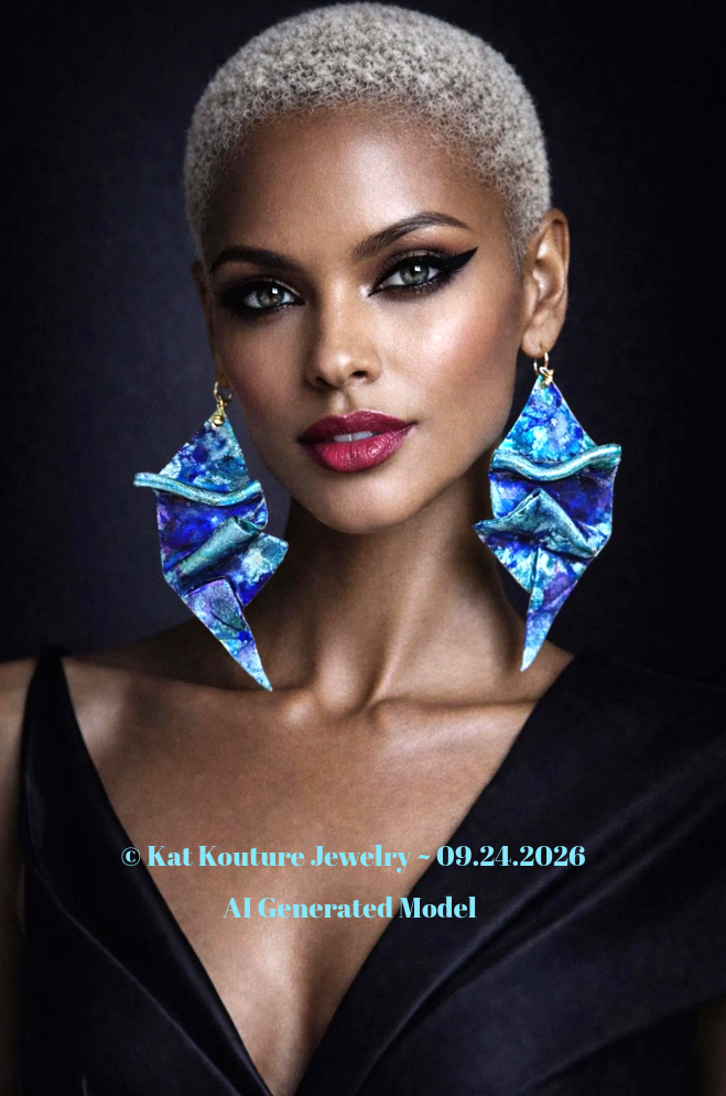Blue Alcohol Ink Sculpted Geometric Oversized Pierced Earrings ~ Bold