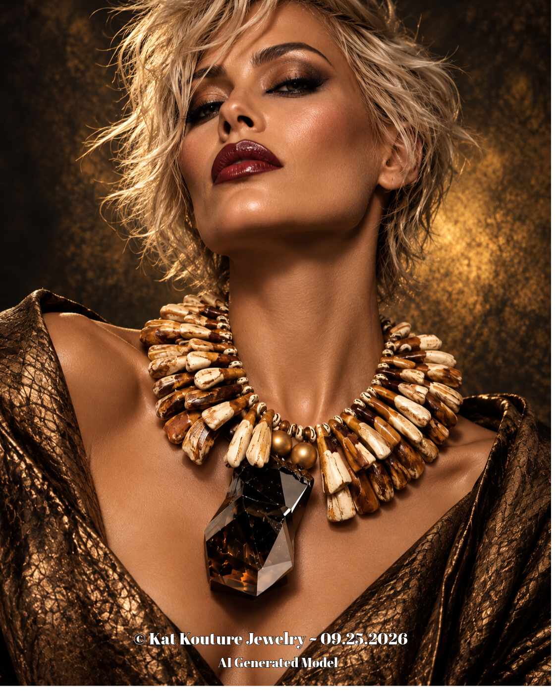 Smoky Quartz Cluster & Buffalo  Incisor Teeth Statement Necklace - Couture