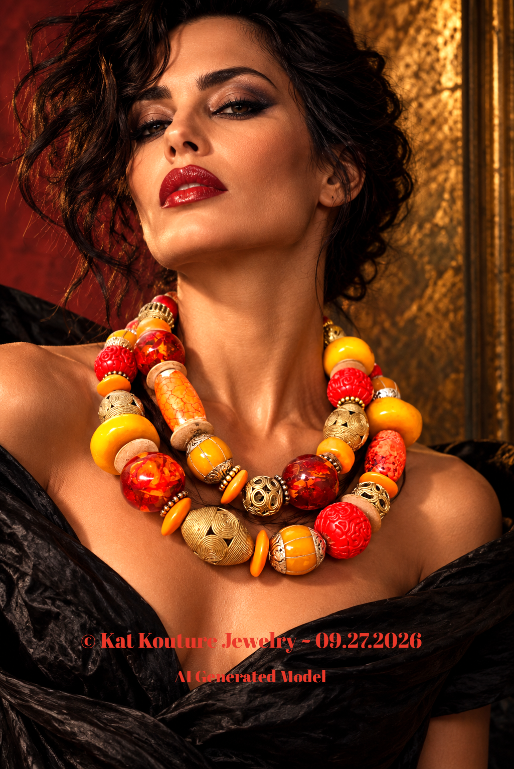 Luxury Ethnic Orange Red Gold & Yellow Huge Beaded Necklace - Dramatic