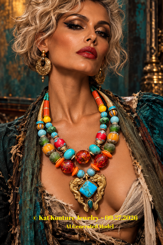 Exotic Colorful Beaded Tribal Necklace W/ Double Dragon Brass Pendant