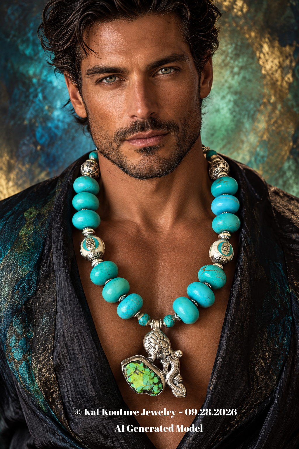 Blue Magnesite Rondelle Tribal Statement Necklace with Dragon Pendant