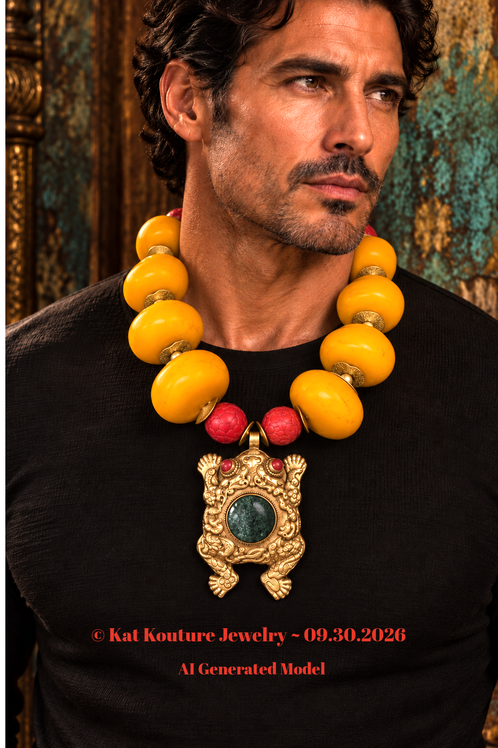 Orange Moroccan Resin Beaded Tribal Statement Necklace & Frog Pendant