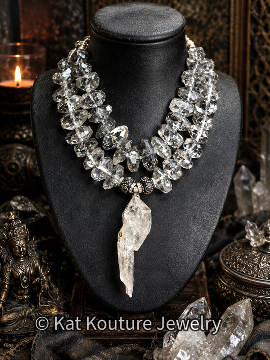 Luxury Herkimer Diamond & Tibetan Quartz Statement Necklace - Couture