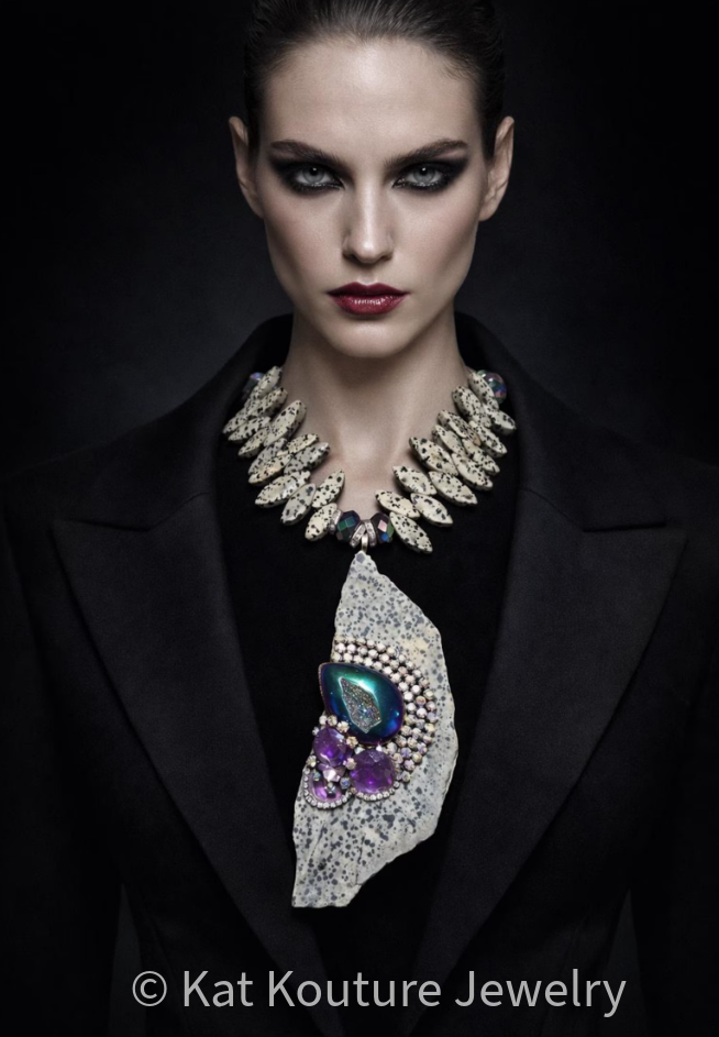 Avant Garde Dalmatian Jasper Slab Chest Piece & Jewel Tone Druzy Agate