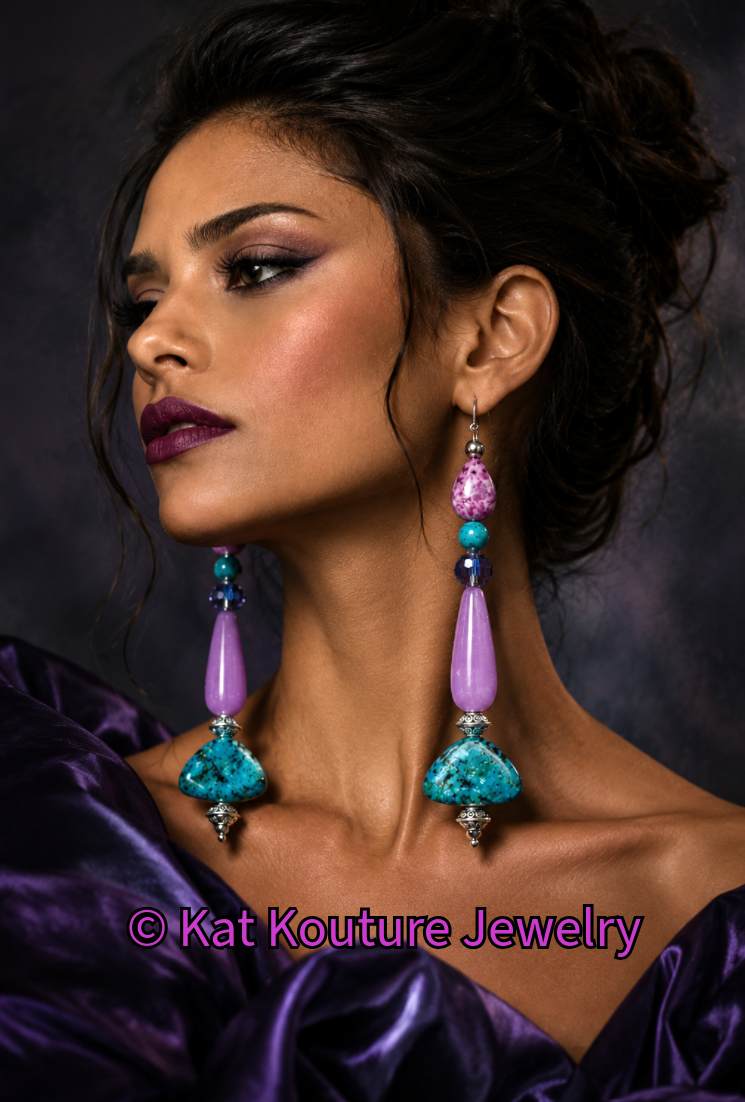 Art Deco Styled Super Long Pierced Statement Earrings - Jewel Tones