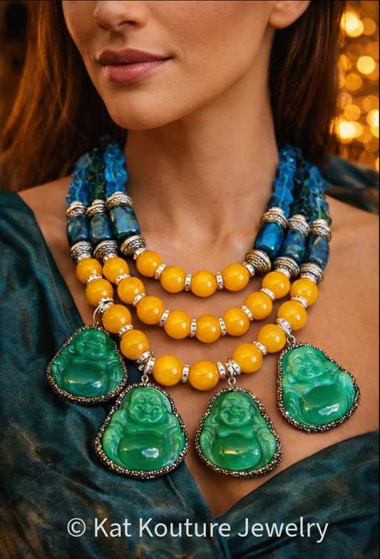 Green Blue & Yellow Gemstone Necklace & Buddha Dangles - OOAK Couture