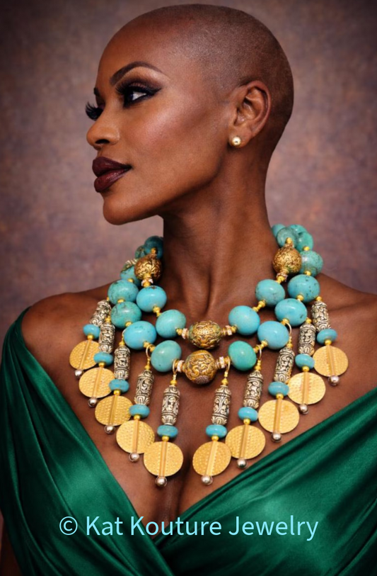 Blue Gold & Silver Beaded Waterfall Chest Piece - Haute Couture