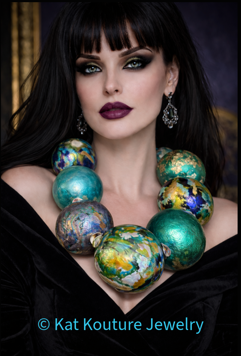 Blue Green & Gold Huge Hand Sculpted Beaded Statement Necklace - Drama