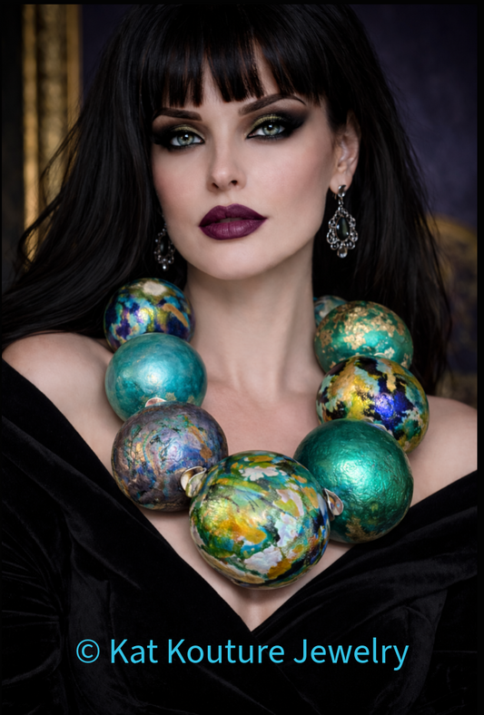 Blue Green & Gold Huge Hand Sculpted Beaded Statement Necklace - Drama