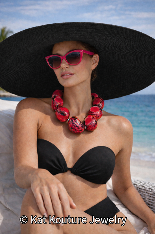 Oversized Pink, Red & Black Tagua Nut Statement Choker - Exotic Jewelry