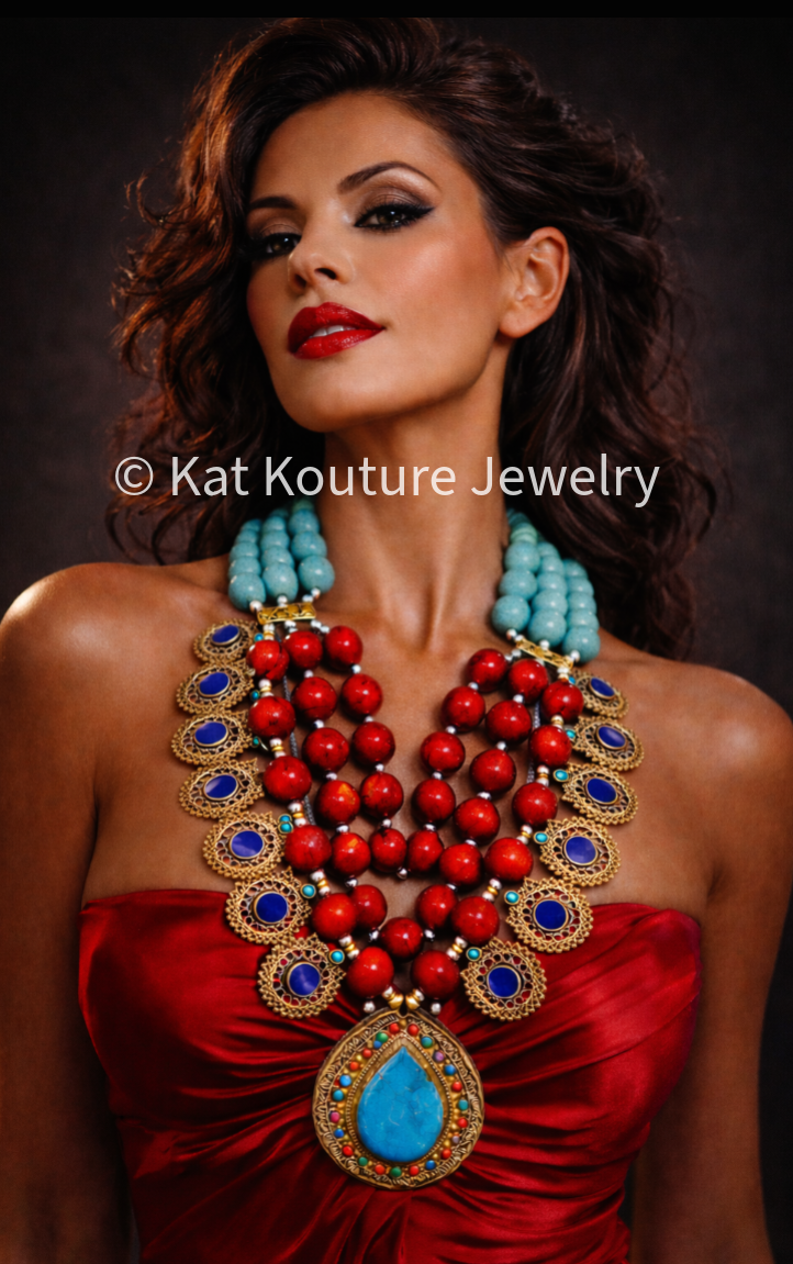 Magnesite Ornately Beaded Tribal Statement Chest Piece & Kuchi Charms