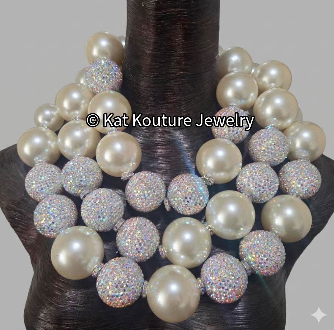 Huge Ivory Faux Pearl & Aurora Borealis Rhinestone Ball Statement Necklace