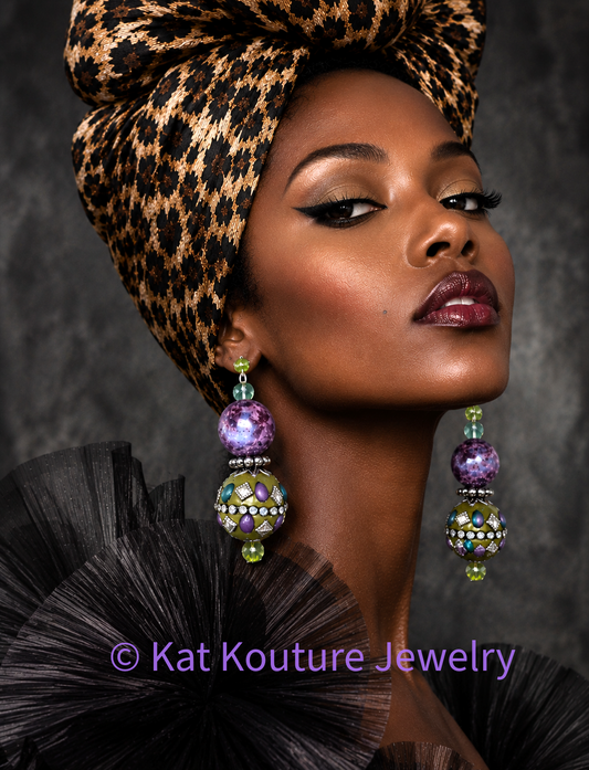 Purple & Olivine Exotic Ornate Beaded Dangle Pierced Earrings - OOAK