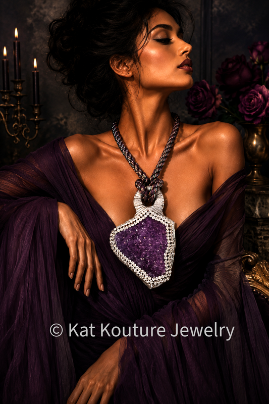 Rough Amethyst Crystal Geode Sculpted Pendant & Rhinestone Trim - Rope