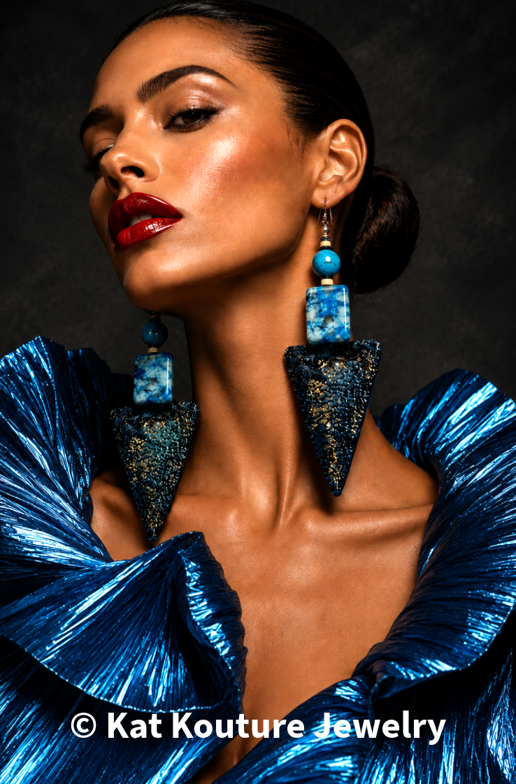 Blue Gemstone Shoulder Duster Earrings ~ Oversized Sculpted Triangles