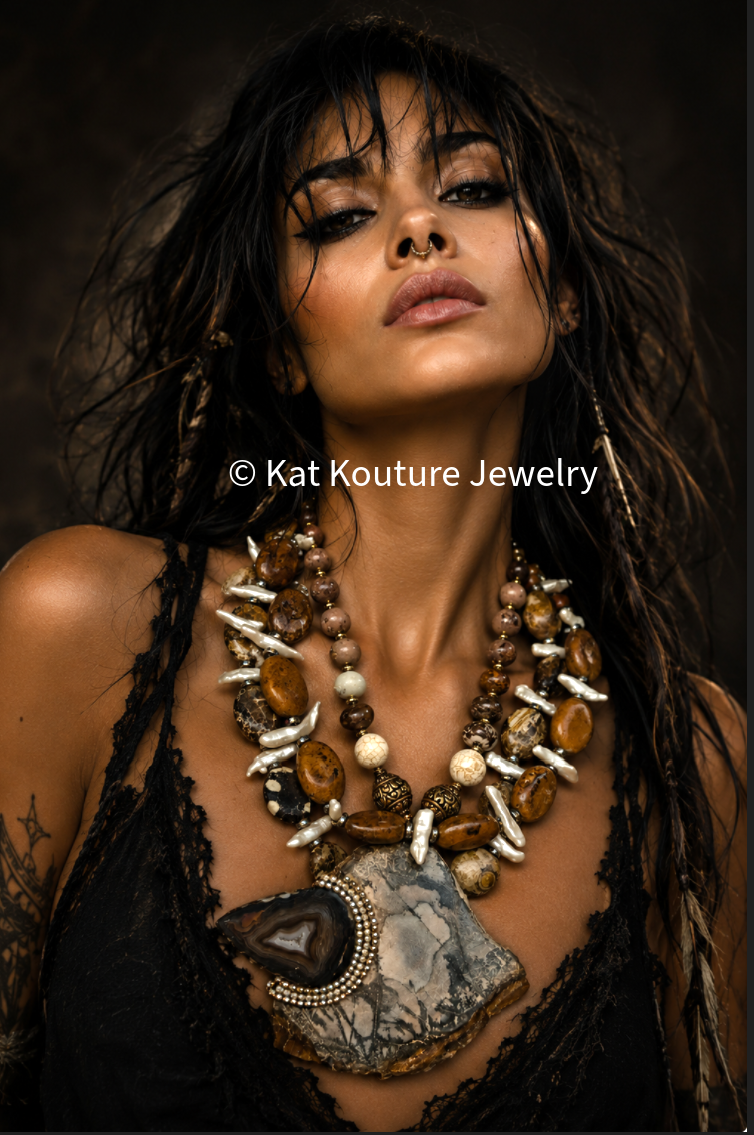 Earthy Jasper Slab & Druzy Agate Statement Pendant - Mixed Media Necklace