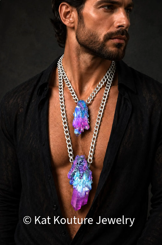 Aura Quartz Gemstone Pendant Set with Bold Textured Chains - Unisex