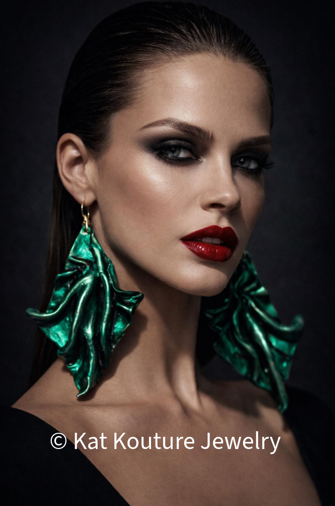 Metallic Emerald Green Sculpted Avant Garde Shoulder Duster Earrings