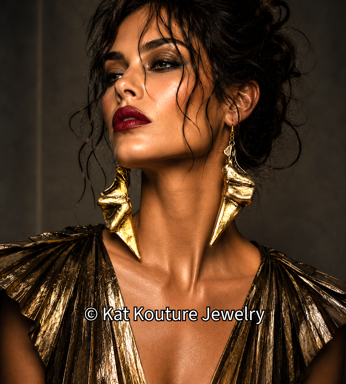 Faux Gold Metal Hand Sculpted Art Deco Style Pierced Earrings - OOAK