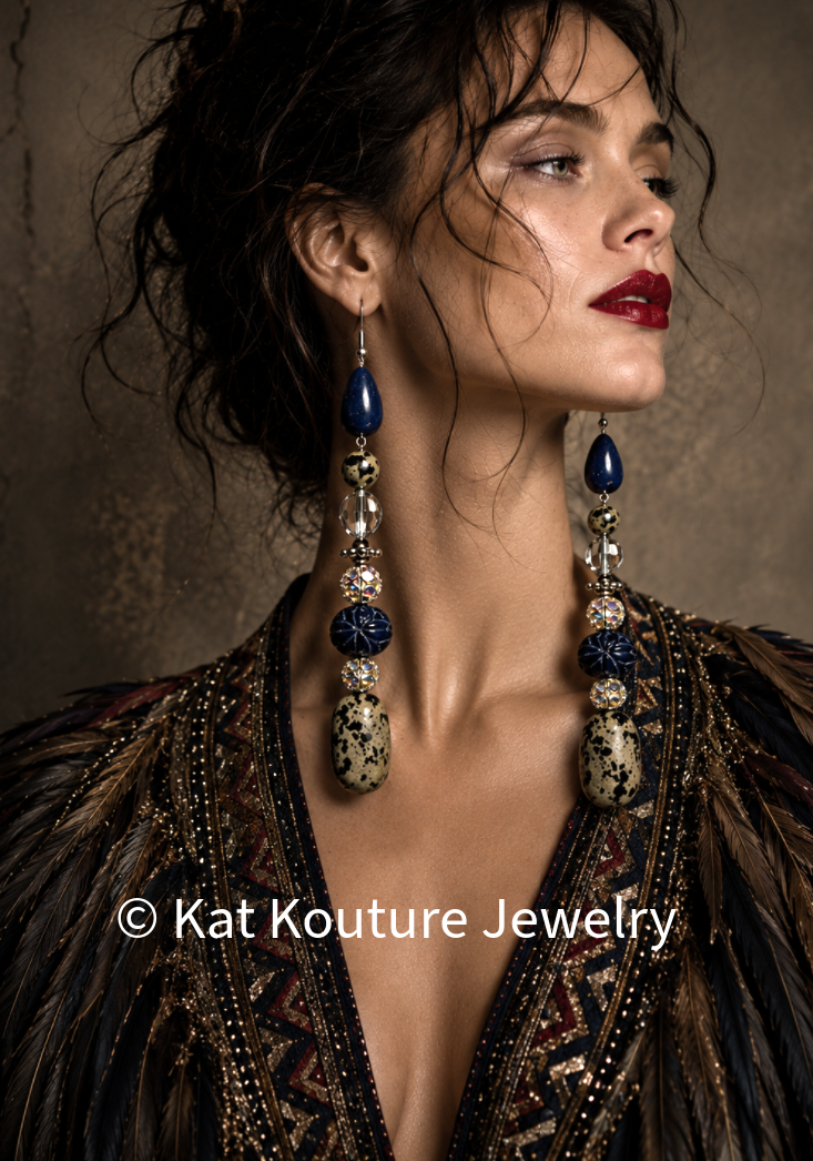 Dalmatian Jasper & Blue Sapphire Long Pierced Shoulder Dusters