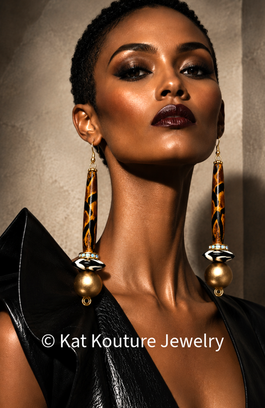 Earth Tone Haute Couture Long Tribal Wood Tube Pierced Earrings - Rich Posh