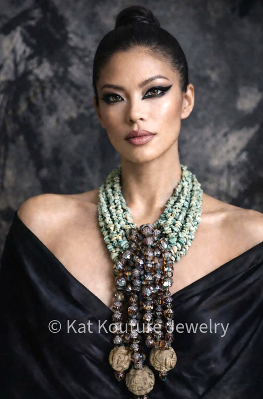 Amazonite Gemstone Multi Strand Statement Necklace With Ornate Dangles