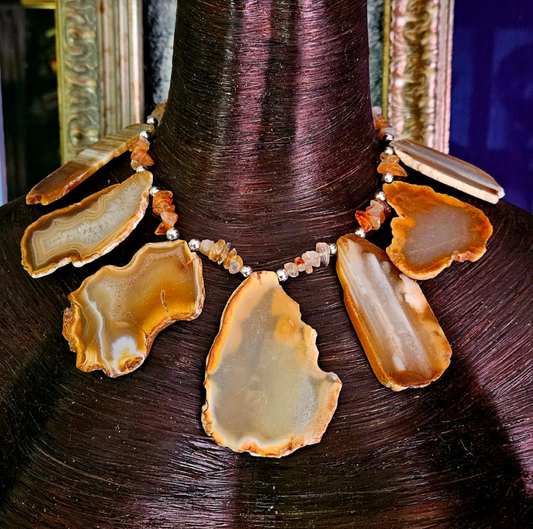 Earth Tone Agate Slab Statement Bib Necklace, Unisex Gemstone Slice Collar, Bohemian Couture Neck Candy