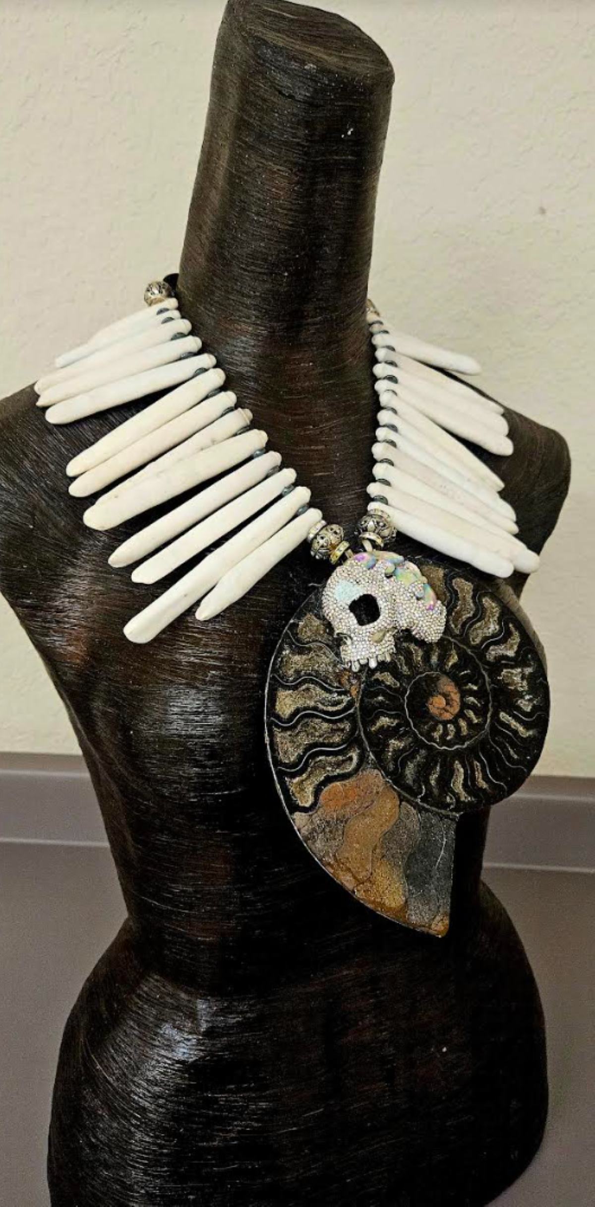 Huge Ammonite Fossil & Crystal Skull Statement Pendant, Rare White Sea Urchin Bib Necklace, Earth Tone Mermaid Jewelry, OOAK Wearable Art Chest Piece
