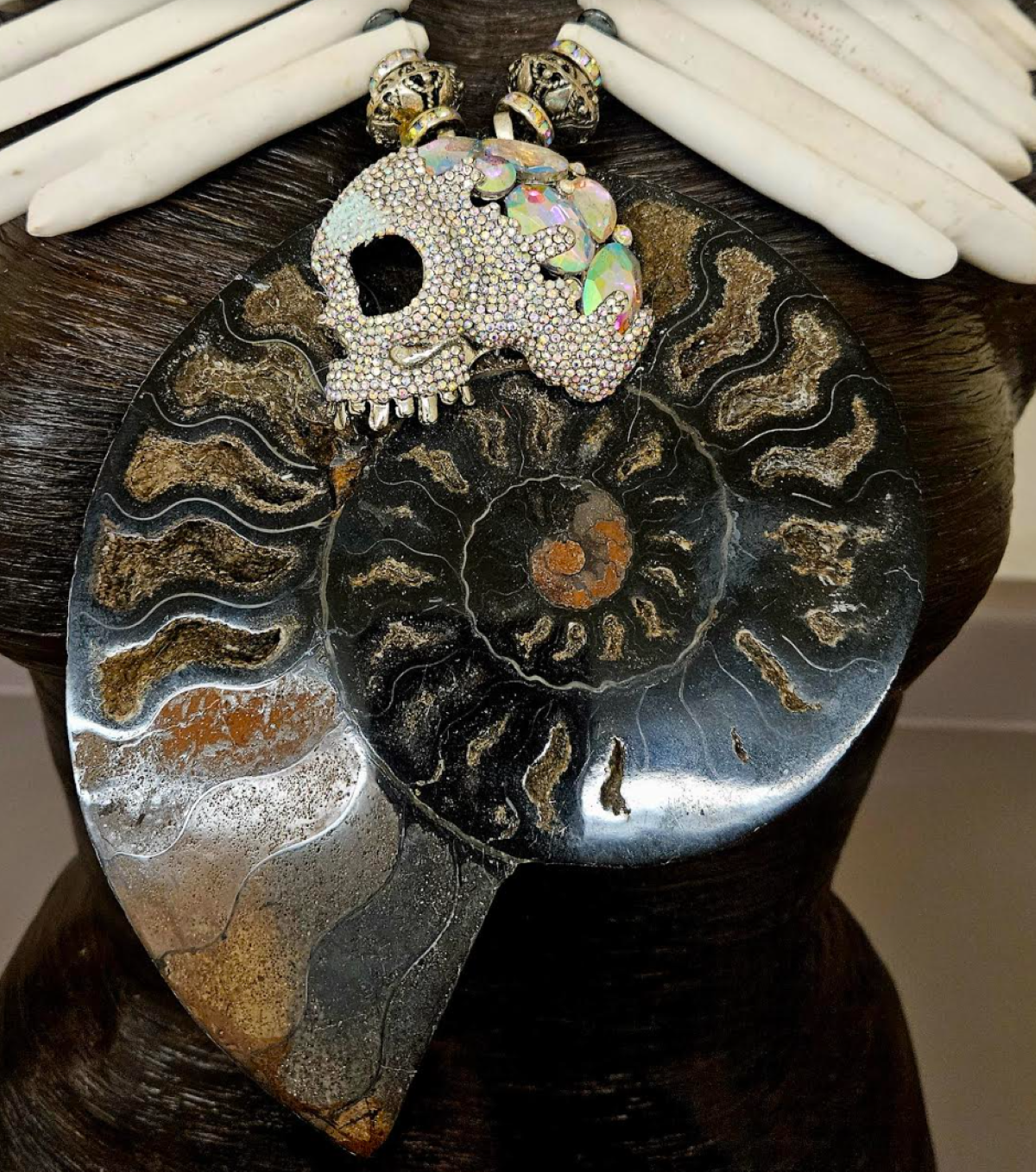 Huge Ammonite Fossil & Crystal Skull Statement Pendant, Rare White Sea Urchin Bib Necklace, Earth Tone Mermaid Jewelry, OOAK Wearable Art Chest Piece