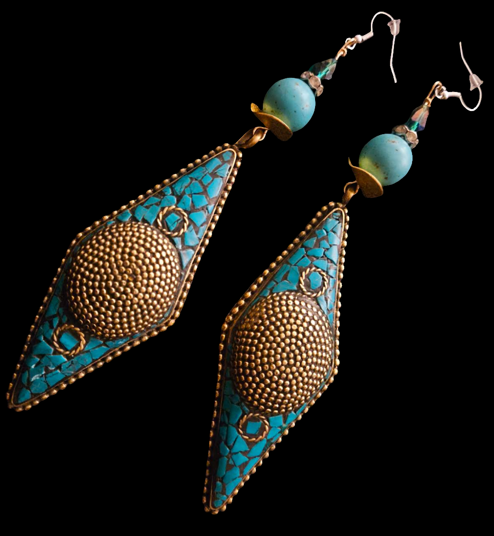 Tibetan Brass and Turquoise Shoulder Duster Pierced Earrings - Blue & Gold Exotic Long Ethnic Dangle Earrings - Belly Dancer Inspired - Kat Kouture Jewelry