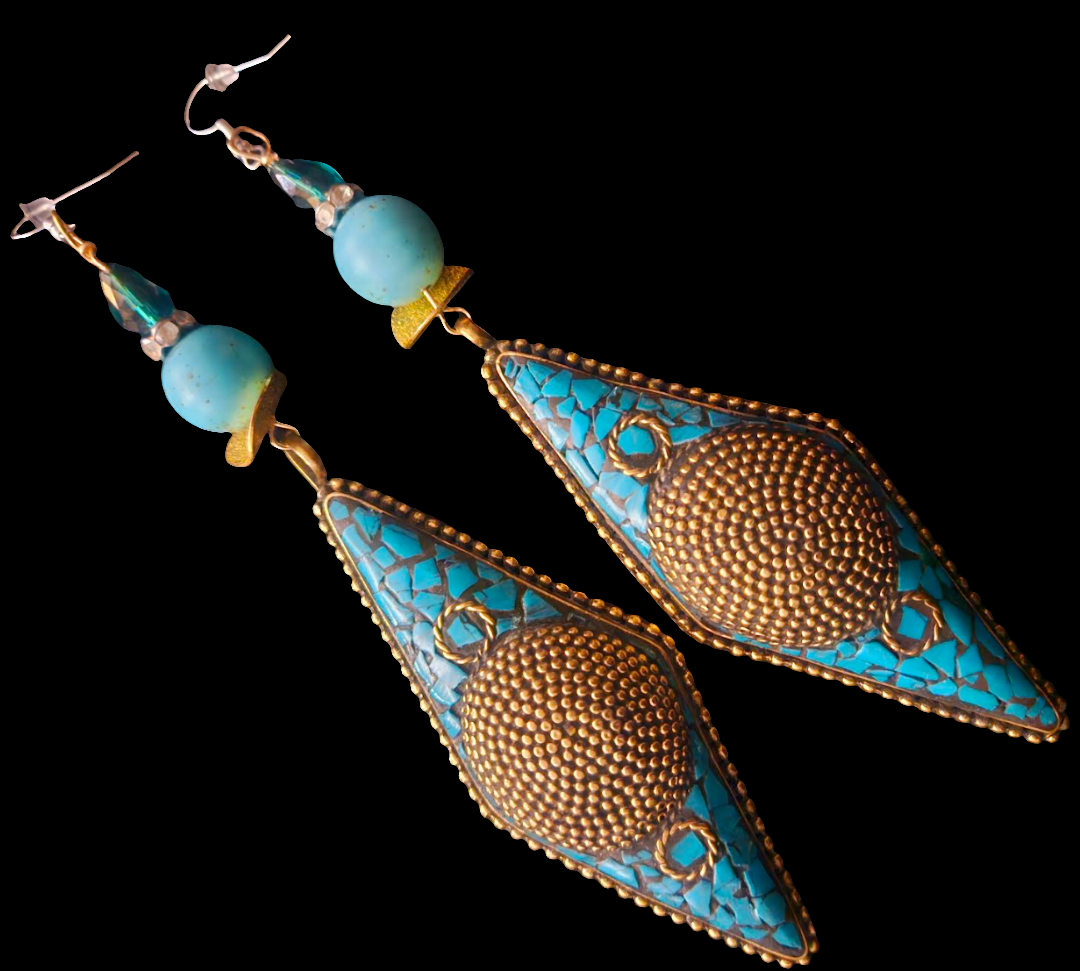 Tibetan Brass and Turquoise Shoulder Duster Pierced Earrings - Blue & Gold Exotic Long Ethnic Dangle Earrings - Belly Dancer Inspired - Kat Kouture Jewelry