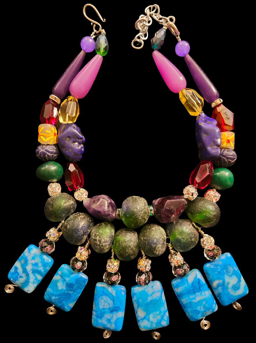 Colorful Mixed Media Beaded Statement Necklace - Beaded Blue Dangle Choker for Petite Women - Kat Kouture Jewelry